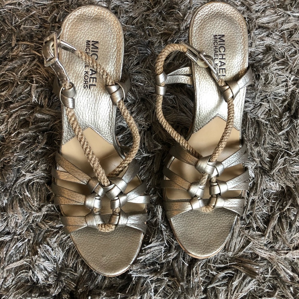 Michaels Kors cork gold metallic sandal heels